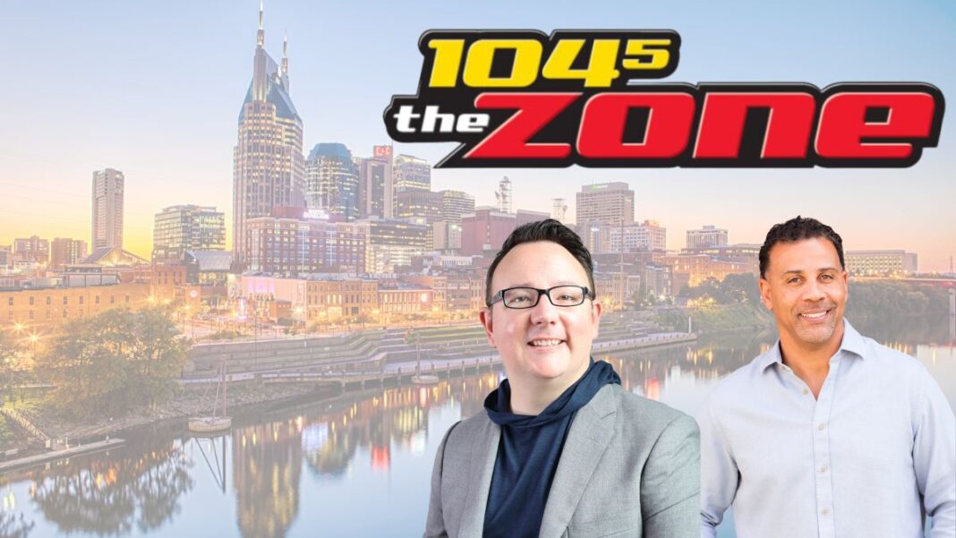 Logo for 104.5 The Zone and photos of Zach Lyons and Blaine Bishop