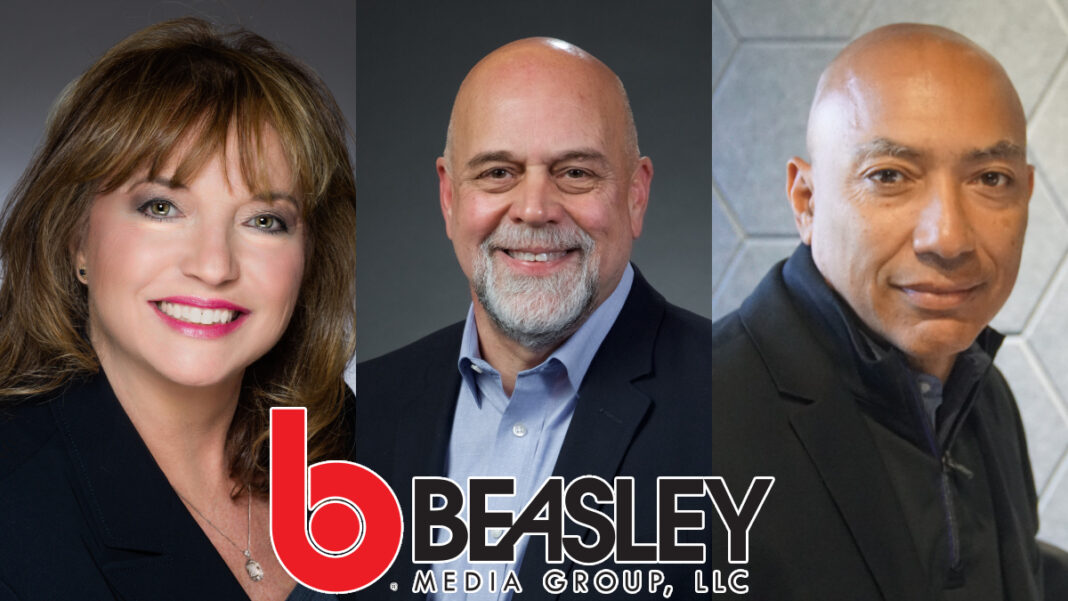 A photo of Mary Menna, Mac Edwards, and Ron deCastro with the Beasley Media Group logo