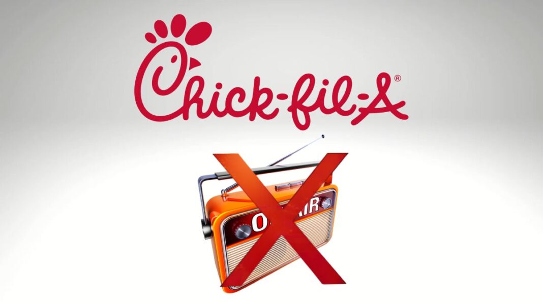 Logo for Chick-fil-A with an image of a radio wtih an x through it