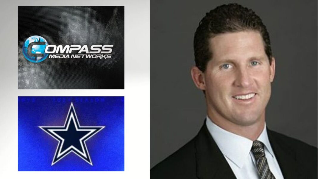 Logos for the Dallas Cowboys and Compass Media along with a photo of Steve Beuerlein