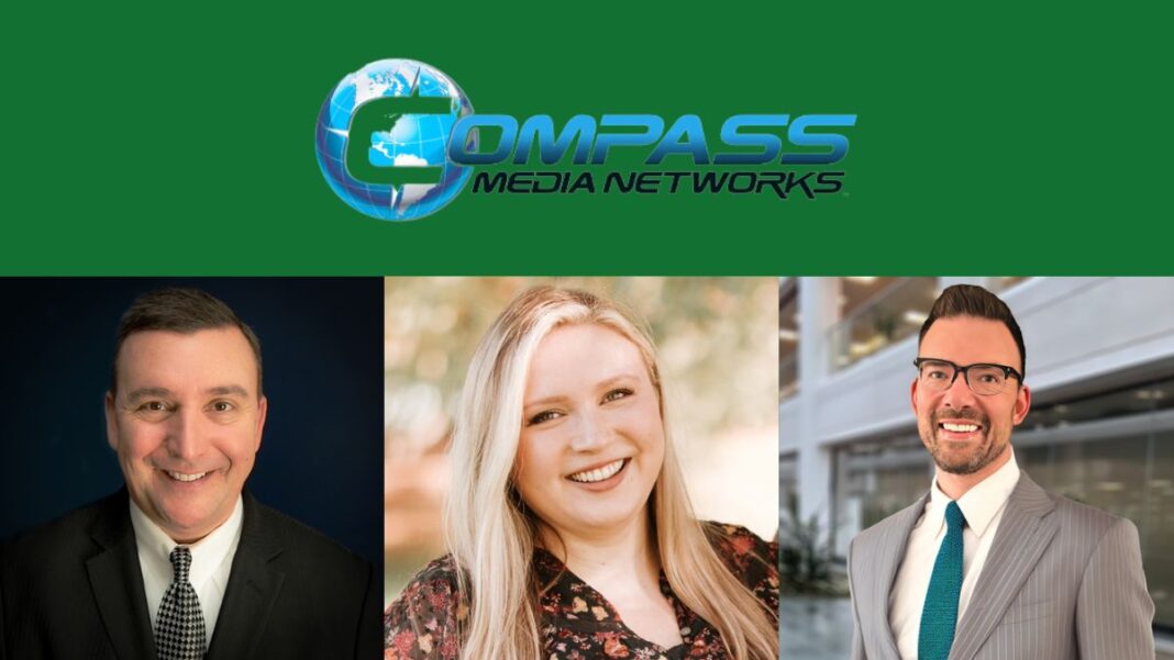 Logo for Compass Media Group and photos of three new hires