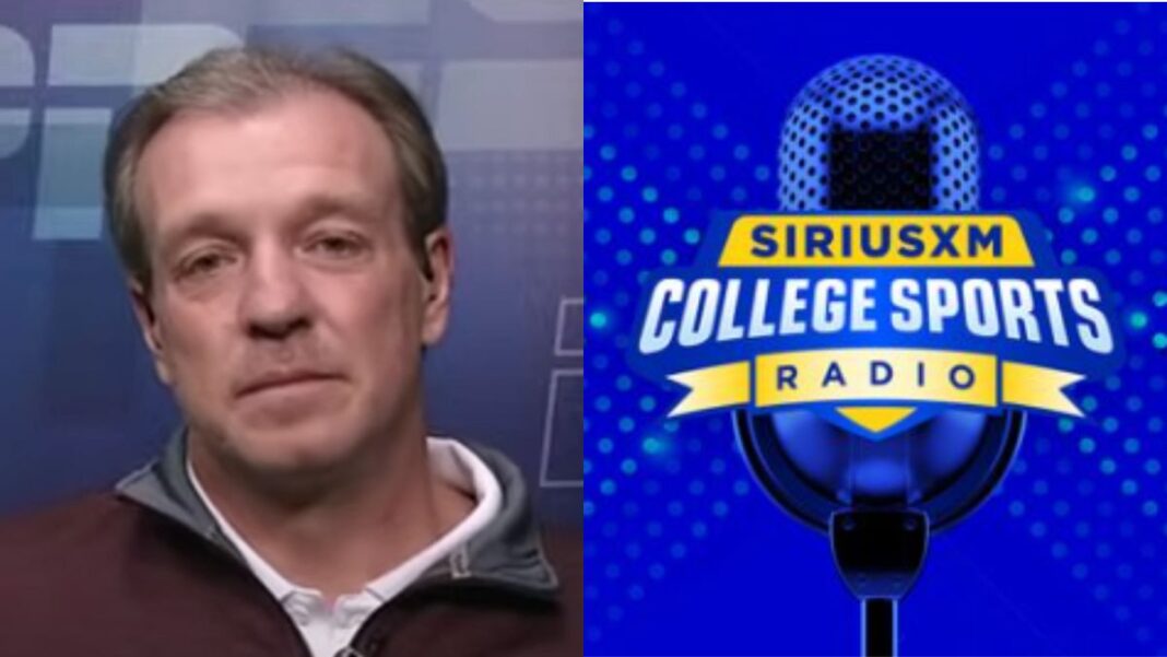 Logo for SiriusXM College Sports Radio and a screengrab of Jimbo Fisher