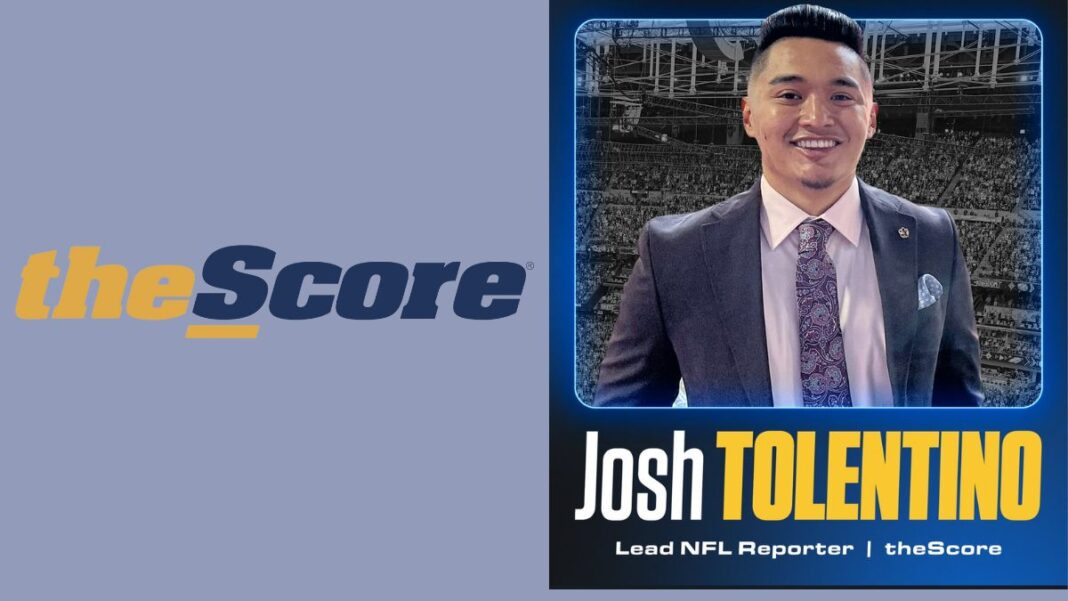 Logo for theScore and a photo of NFL reporter Josh Tolentino