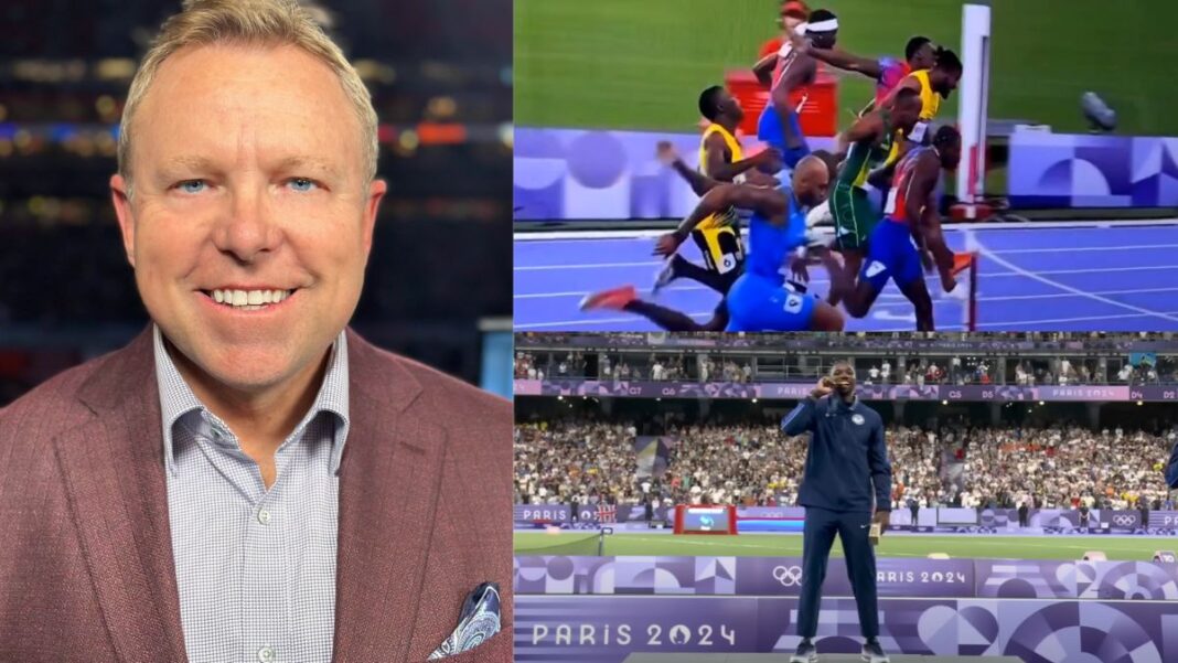 A photo of Leigh Diffey and screen grabs of Noah Lyles' photo finish and his gold medal ceremony