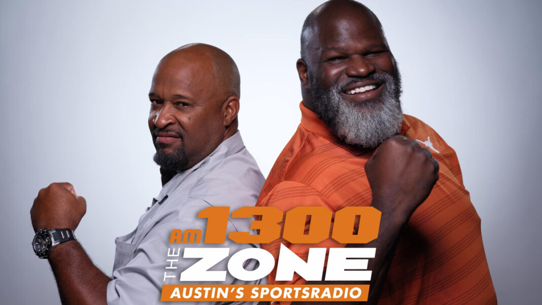 A photo of Mike Hardge and Mark Henry and the AM 1300 The Zone logo