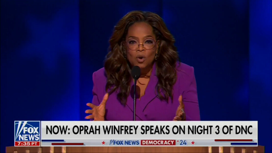 A photo of Oprah Winfrey speaking at the 2024 Democratic National Convention