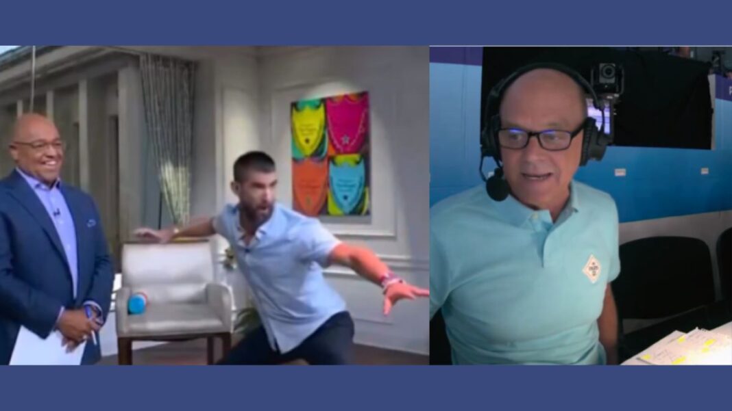 Screengrabs of Rowdy Gaines, Michael Phelps and Mike Tirico