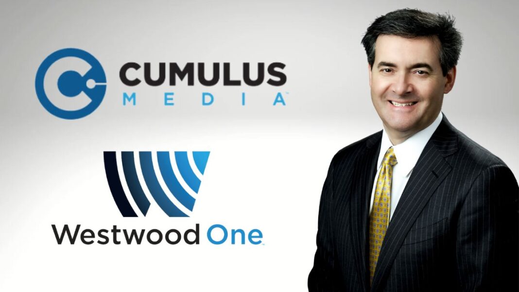 Logos for Cumulus Media and Westwood One and a photo of Pierre Bouvard