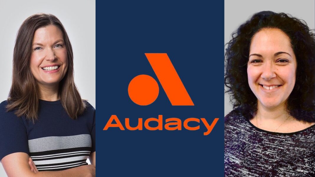 Logo for Audacy and a photo of Sarah Foss and a photo of Idil Cakim