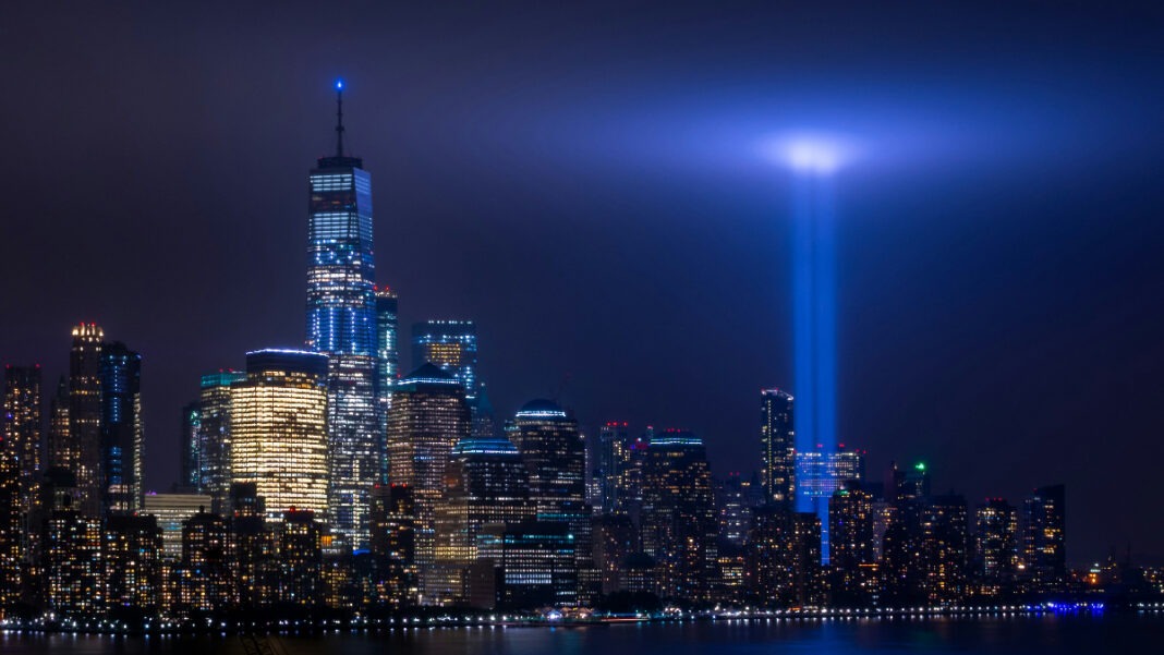 A photo of the beams where the World Trade Center previously stood