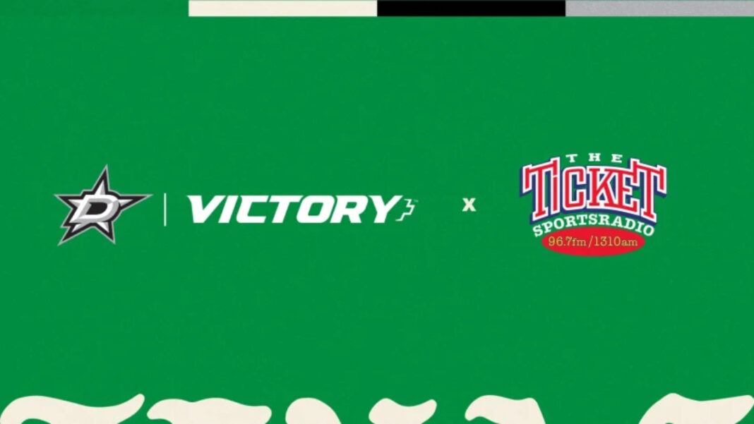 A photo of the Dallas Stars, Victory+, and The Ticket logos