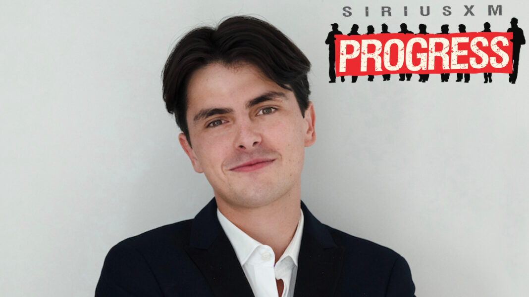 A photo of Dylan Douglas and the SiriusXM Progress logo