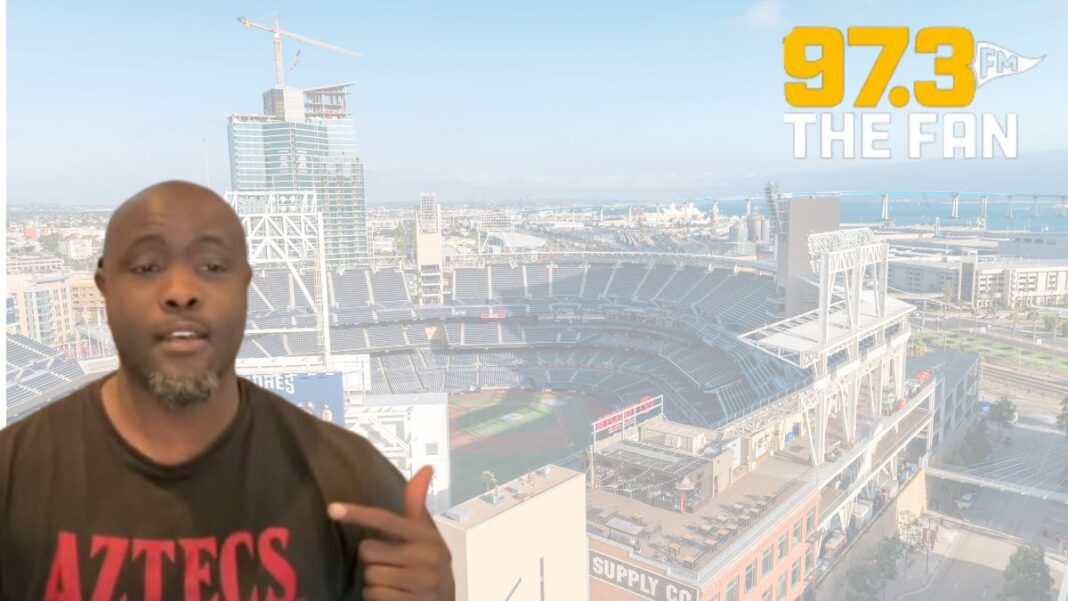 Screengrab of Tony Gwynn Jr. and a logo for 97.3 The Fan