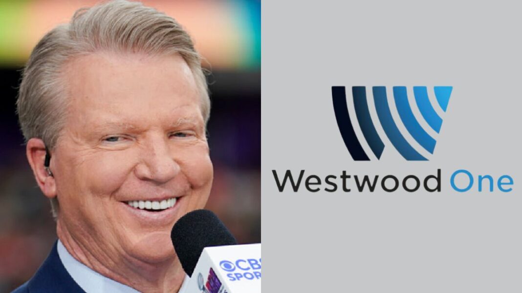 Logo for Westwood One and a photo of Phil Simms