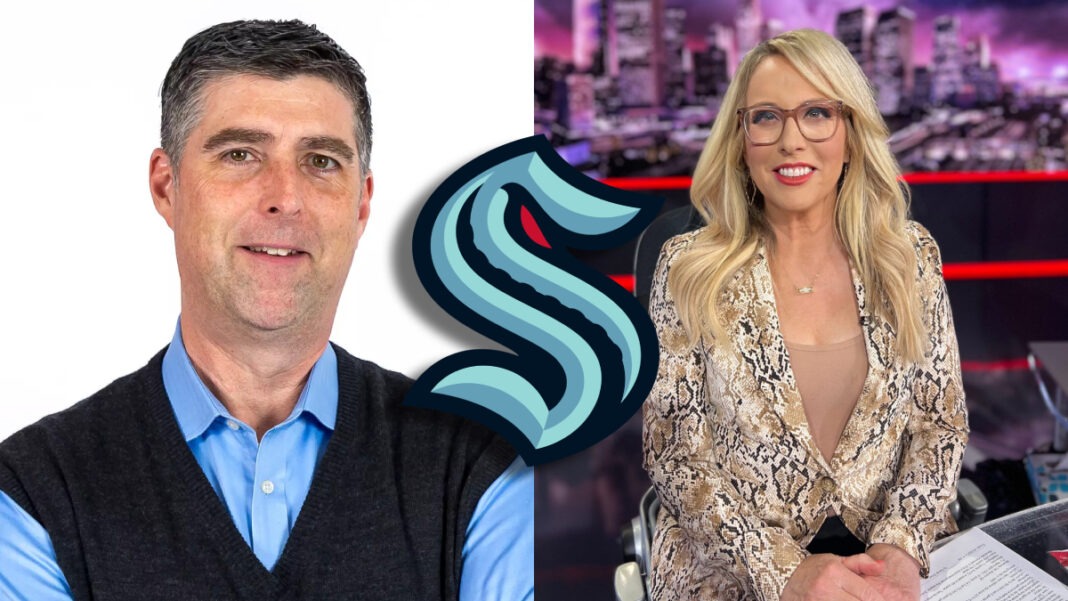 A photo of Ian Furness, Linda Cohn, and the Seattle Kraken logo