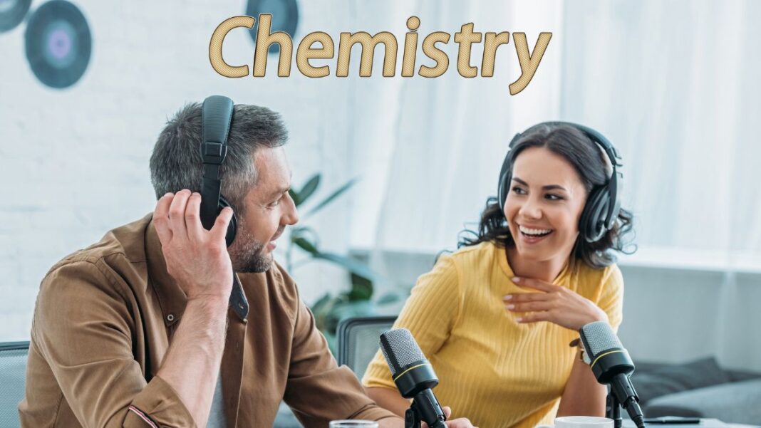 Graphic showing two radio hosts talking on the air with the word chemistry