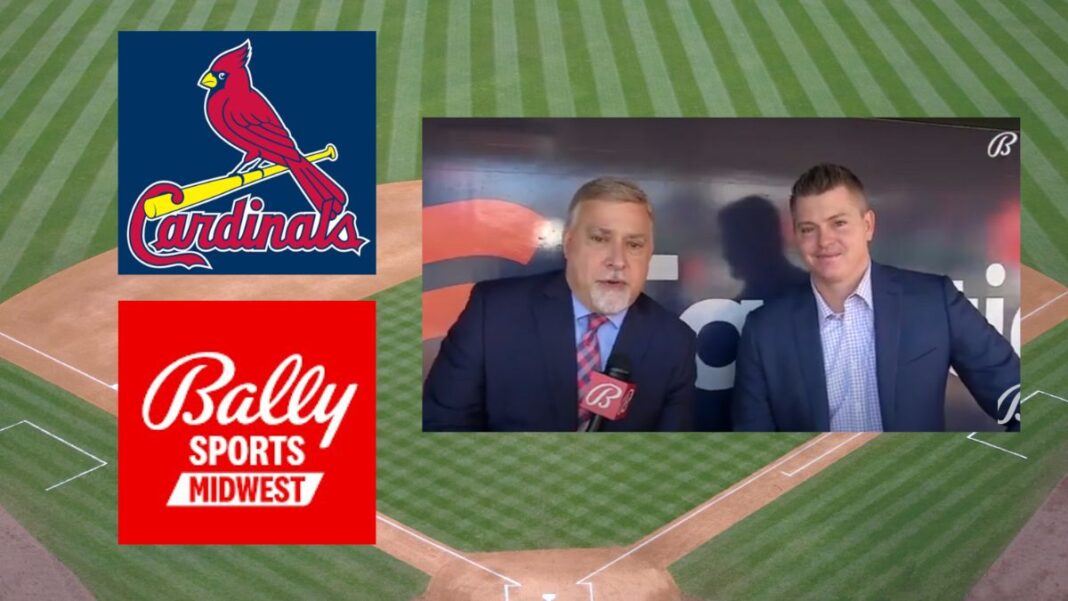 logos for the st louis cardinals and bally sports midwest with a screengrab of Cardinals announcers