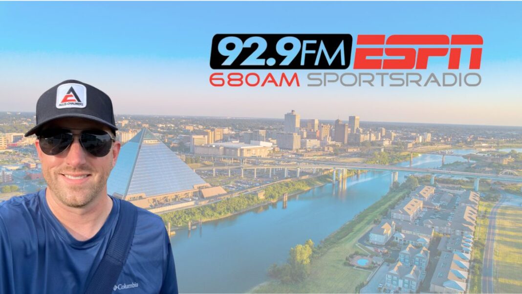 Logo for 92.9 ESPN and a photo of Brad Carson