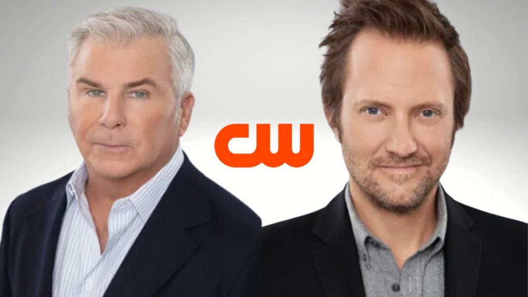 Logo for the CW with pictures of Dennis Miller and Brad Schwartz