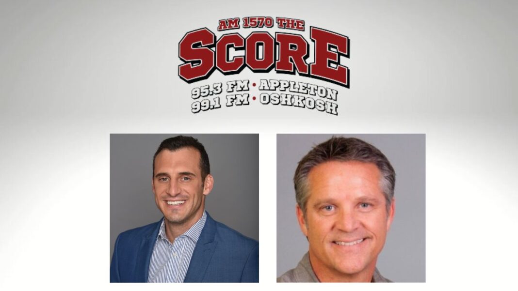 Logo for The Score in northeast Wisconsin along with pictures of hosts Doug Gottlieb and Mike Heller