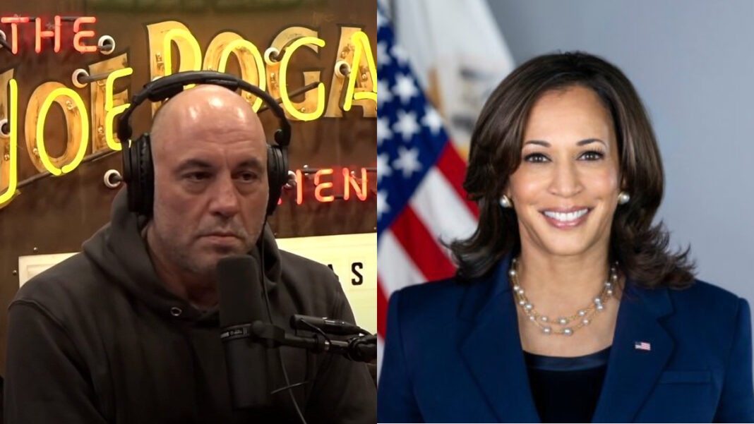 A photo of Joe Rogan and Kamala Harris