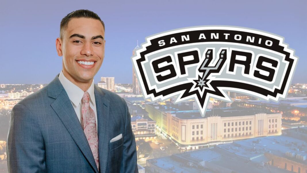 logo for the san antonio spurs and a photo of Jacob Tobey