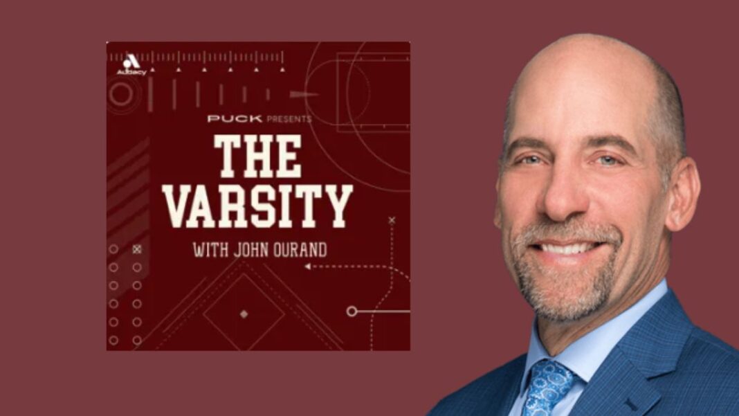 Logo for The Varsity podcast and a photo of John Smoltz