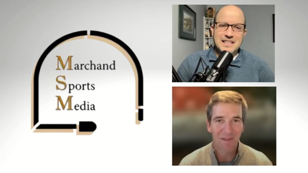 Logo for Marchand Sports Media and screengrabs of Andrew Marchand and Eli Manning