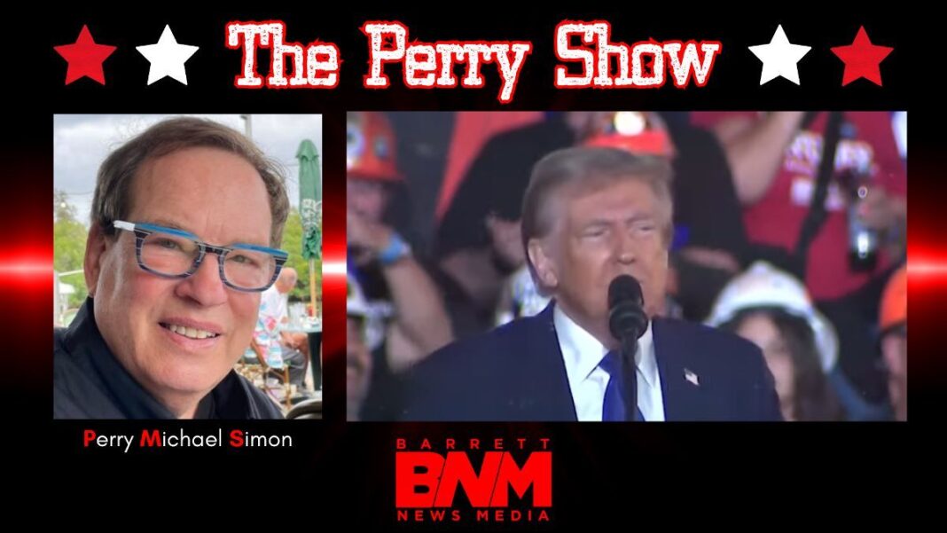 Graphic for The Perry Show column with a screengrab of Donald Trump