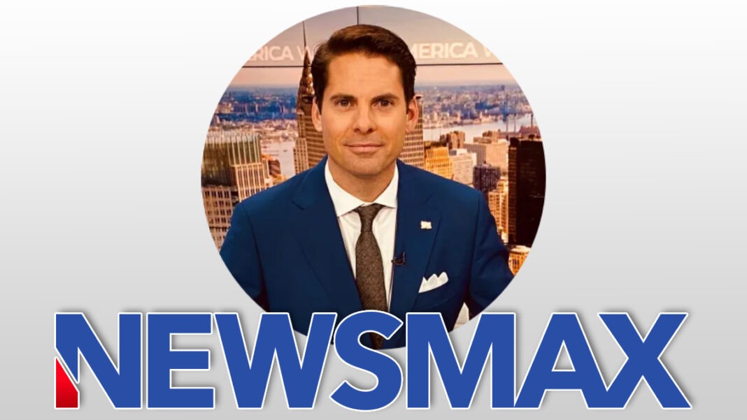 A photo of Rob Finnerty and the Newsmax logo