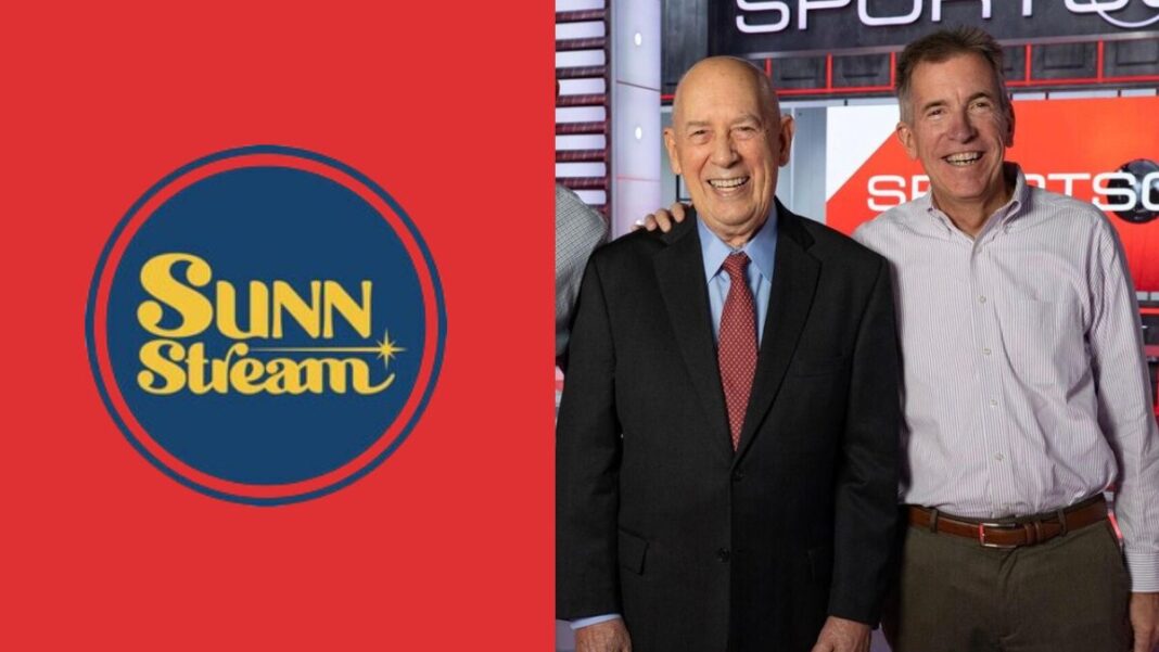 Logo for Sunn Stream and a photo of ESPN founder Bill Rasmussen and Mike Soltys