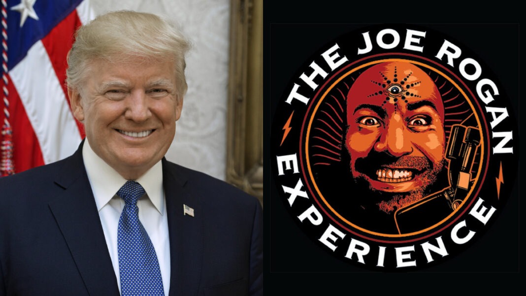 A photo of Donald Trump and the Joe Rogan Experiencel ogo