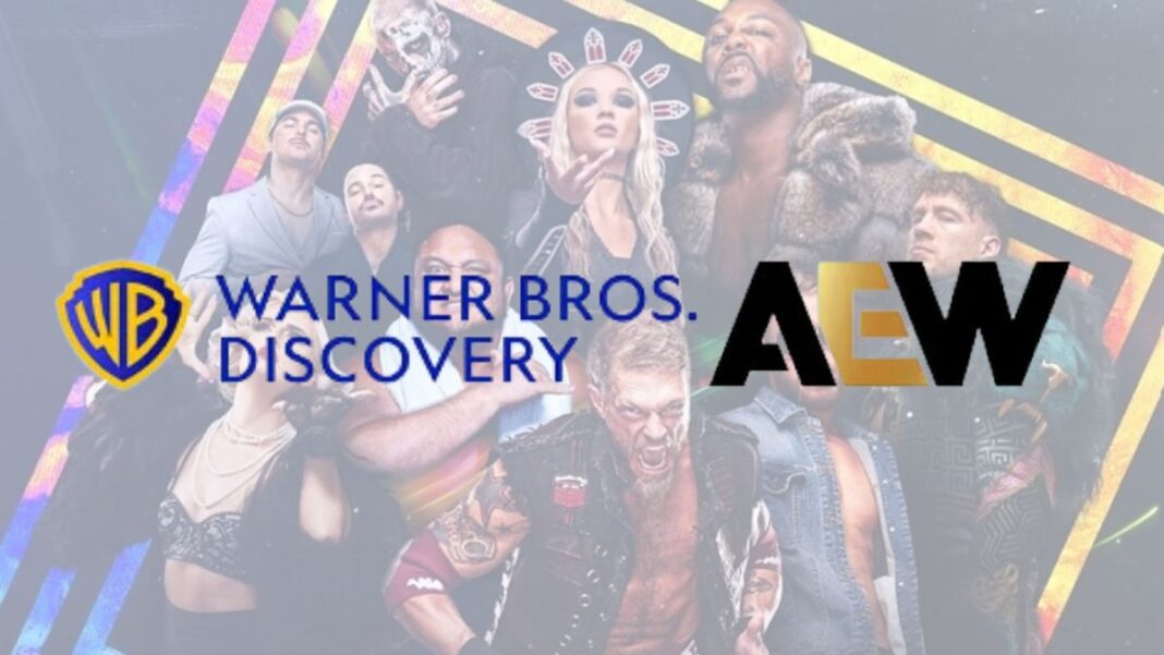 Logos for Warner Bros. Discovery and AEW