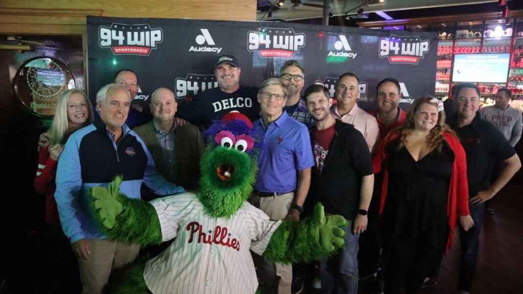 94WIP staff members with the Phillie Phanatic