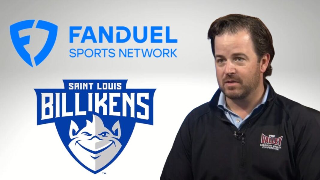 Logos for FanDuel Sports Network and the SLU Billikens and a screengrab of Tom Ackerman