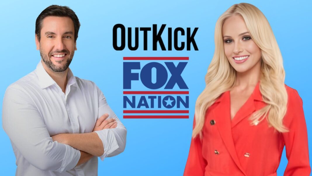 A photo of Clay Travis and Tomi Lahren with the OutKick and Fox Nation logos