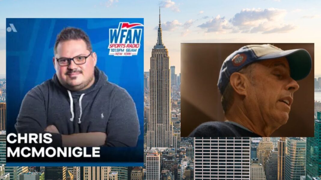 Graphic for Chris McMonigle on WFAN and a screengrab of Jerry Seinfeld