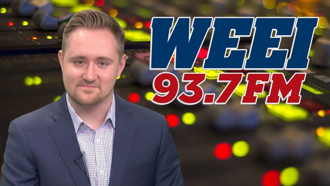 A photo of Dan Bahl and the WEEI logo