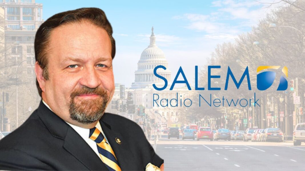 Photo of Sebastian Gorka and a logo for Salem Radio Network