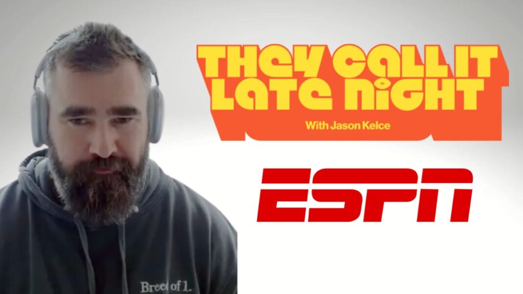 Logo for They Call it Late Night, an ESPN logo and a screengrab of Jason Kelce