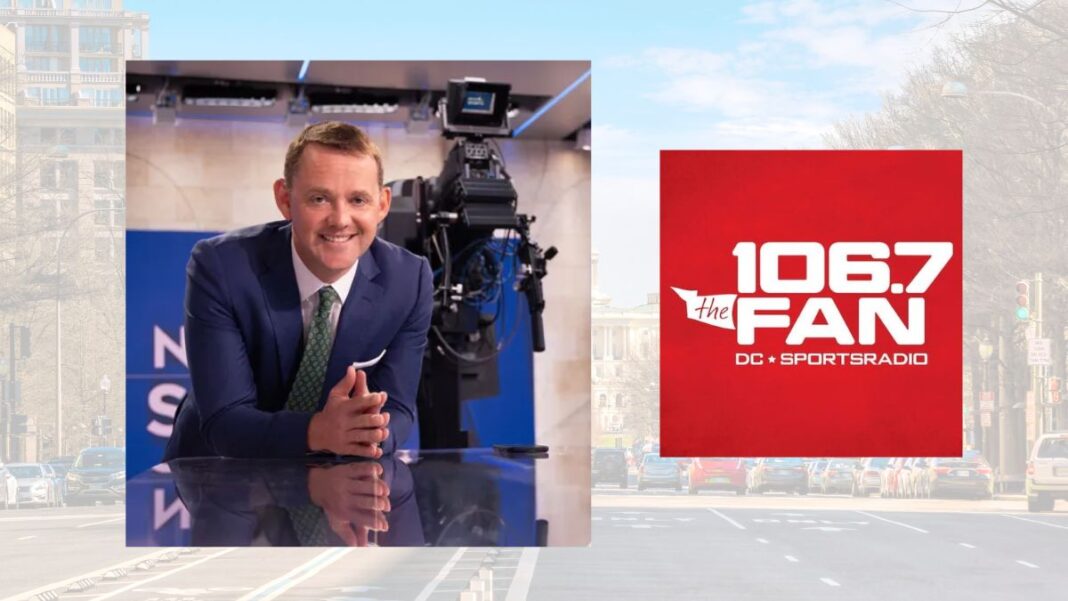 logo for 106.7 the fan and a photo of JP Finlay