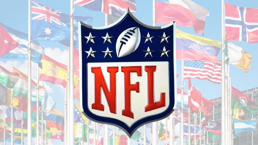 NFL logo over international flags