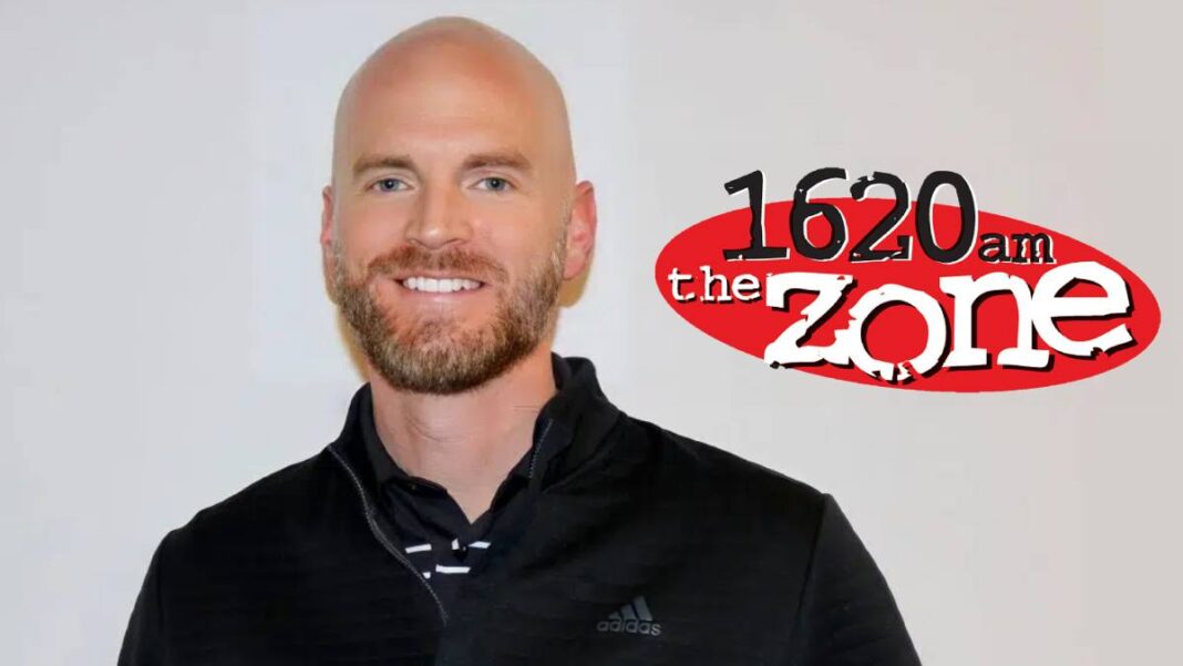 A photo of Nick Handley and the 1620 The Zone logo