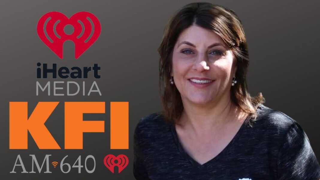 A photo of Robin Bertolucci and the KFI/iHeartMedia logos