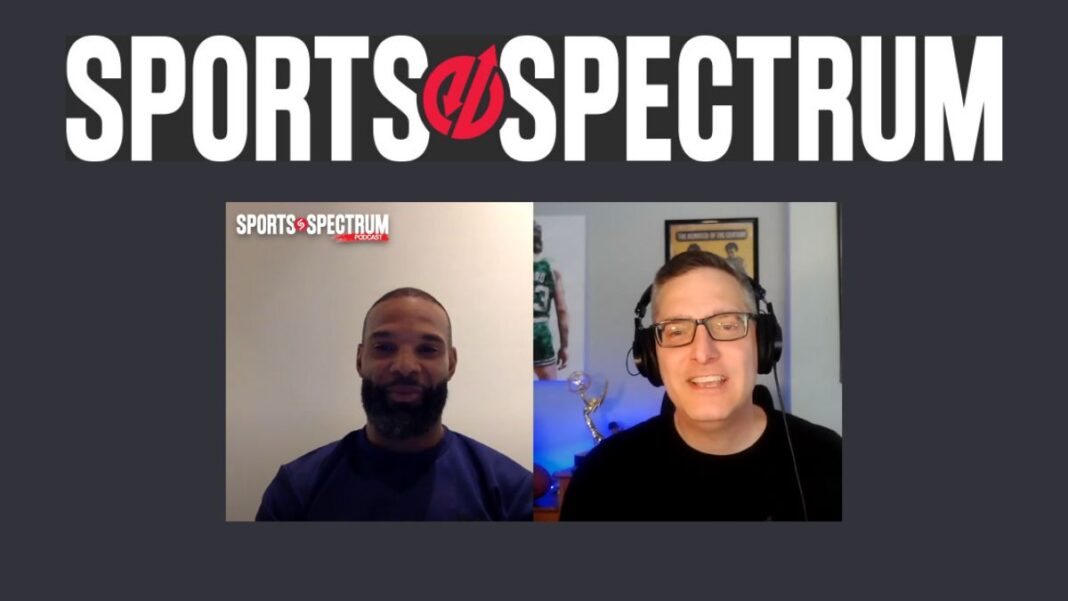 Logo for Sports Spectrum and a screengrab of hosts Matt Forte and Jason Romano