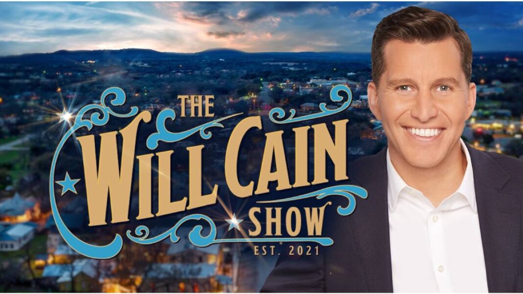 A photo of Will Cain and his show logo