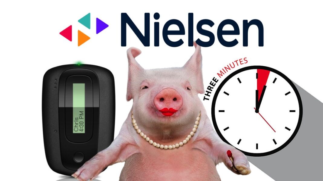 Nielsen logo with a ppm meter, a three-minute timer and a pig