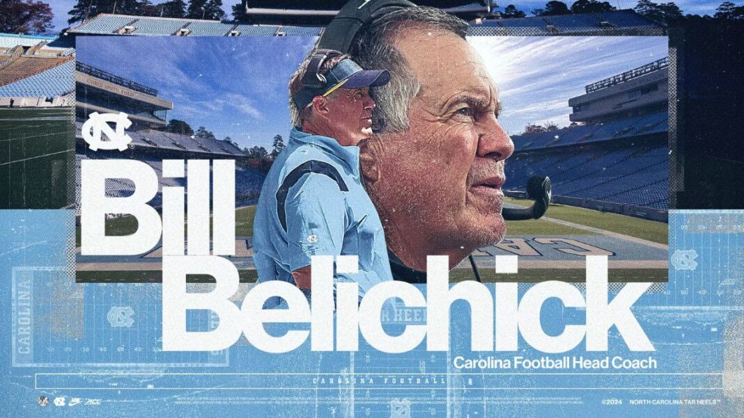 Graphic showing Bill Belichick as the new football coach at North Carolina State