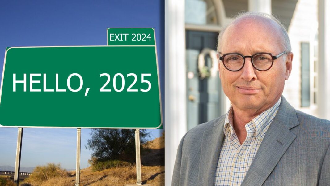 A photo of Gordon Borrell and a highway sign