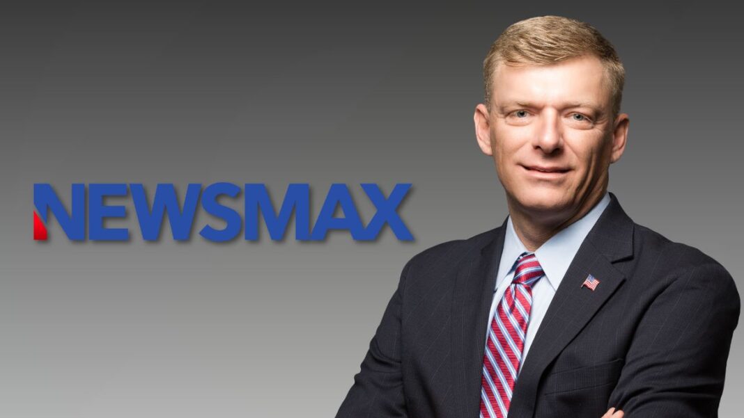 A photo of Marc Lotter and the Newsmax logo